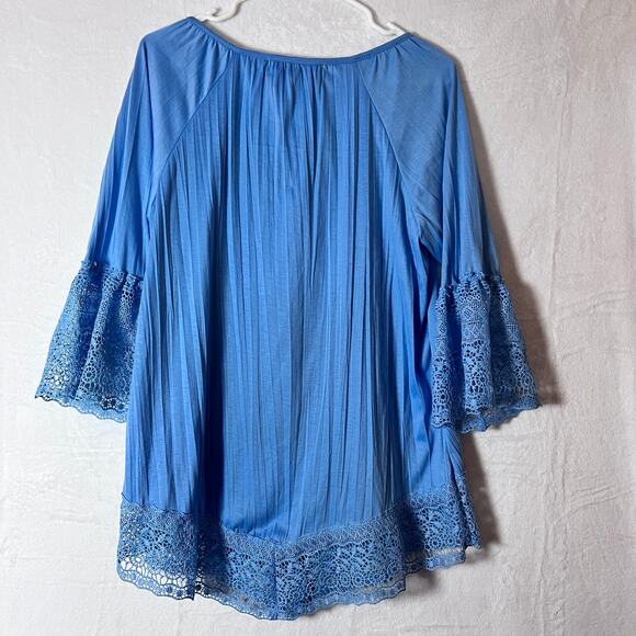 French Laundry large Blue Boho Peasant Tunic Top Lace Bell Sleeve Crochet Hem - Picture 2 of 7